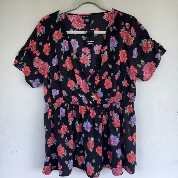 Torrid Babydoll Top Womens 1X 14/16 Black Floral V Neck Surplice Romantic Witchy - Picture 2 of 12